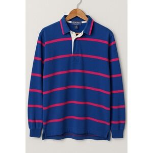 Vintage GANT Rugby Shirt XL Made in USA Cobalt Blue Pink Stripe Polo Long Sleeve
